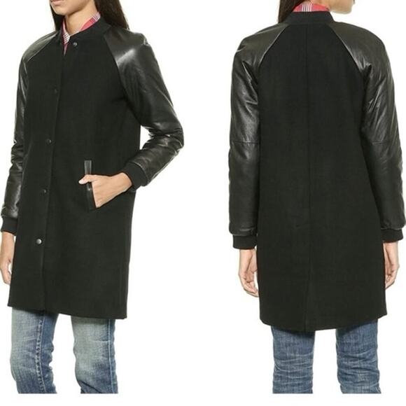 MADEWELL Leather Sleeve Wool Varsity Bomber Mid-length Jacket Coat Women’s Sz 10 - Picture 2 of 6